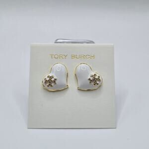 NEW Tory Burch Kira Enamel Heart Stud Earrings White Pave Logo Summer Bold